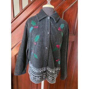 Talbots Womens Medium Wool Christmas Cardigan Embroidered Holly & Nordic Pattern